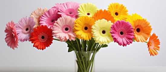 A closeup of a bouquet containing various colored gerbera flowers
