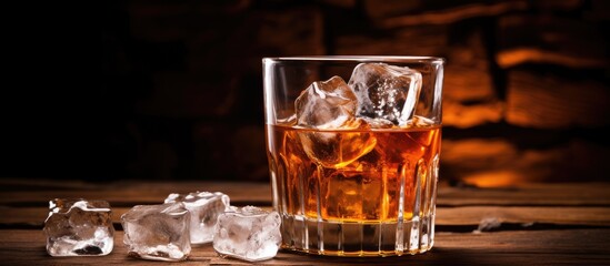A beverage containing 2 ounces of scotch or bourbon poured over ice cubes commonly known as on the rocks is a shot of amber spirits with an ice cube resting on a wooden countertop alongside  - obrazy, fototapety, plakaty