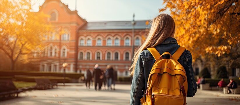 A young woman enrolled in a higher education institution is positioned before the educational institution holding a bag on her back