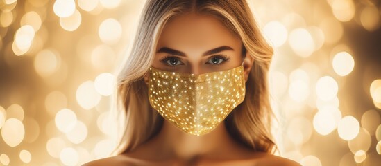 A woman wearing a stunning golden crystal chain face mask is gazing at the camera radiating in the glow of the light as she embraces the festive spirit of a Christmas party during the pandem - Powered by Adobe