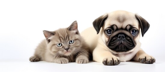 Puppy of the pug breed and small cat