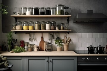 bright kitchen with shelves and storage space. Storage of food in the kitchen in pantry - obrazy, fototapety, plakaty