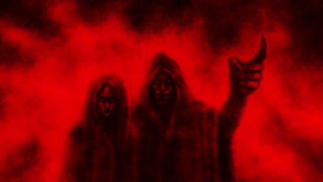 Two demons watching 2D animation. Horror fantasy genre. Strange man shows index finger. Spooky woman looking. Legends from past. Darkness, fear, twilight, creepy fog, gloomy. Red and black background.