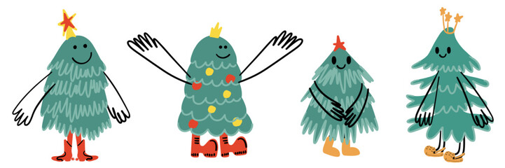 Funny Christmas Fir Tree Characters Set. Cute New Year Concept. Pine Tree with Smiley Face, Boots, and Hands. Happy Xmas graphic elements collection. Isolated Cartoon Hand Drawn Vector illustration