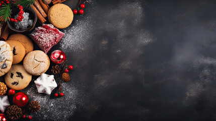 Obraz na płótnie Canvas Christmas baking background with assorted cookies and sweet treats. Overhead view on a dark stone background. Holiday baking concept.