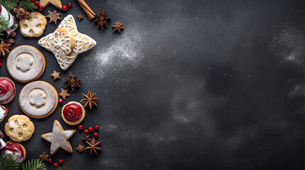 Christmas baking background with assorted cookies and sweet treats. Overhead view on a dark stone background. Holiday baking concept. - obrazy, fototapety, plakaty