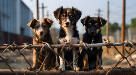 stray dogs at a shelter fence - obrazy, fototapety, plakaty