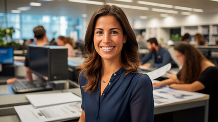 Mujer hispana sonriendo en una oficina desenfocada 