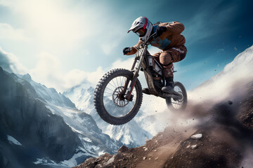 Motocross rider jumping in the air performing spectacular on snow mountain