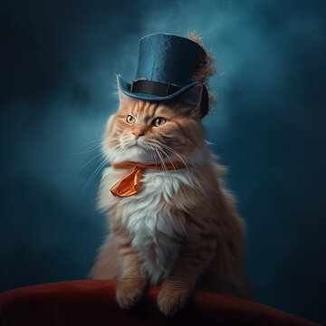 Cat dressed in proper fancy clothing in close up image. Created using ai generative. 