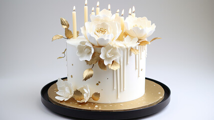 Minimalist white cake with gold happy birthday topper