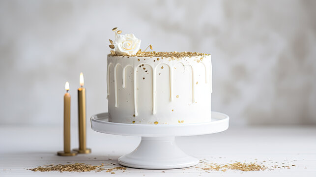 Minimalist White Cake With Gold Happy Birthday Topper