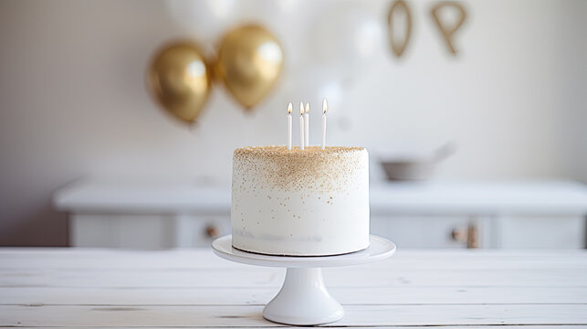 Minimalist White Cake With Gold Happy Birthday Topper