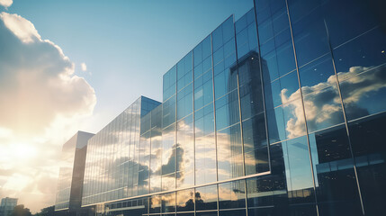 View of white clouds and blue sky reflected in the glass windows of office building skyscraper. Urban Business Center in a modern style. 