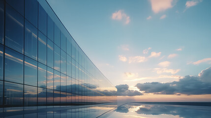 View of white clouds and blue sky reflected in the glass windows of office building skyscraper. Urban Business Center in a modern style. 