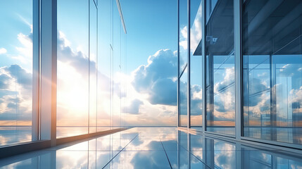 View of white clouds and blue sky reflected in the glass windows of office building skyscraper. Urban Business Center in a modern style. 