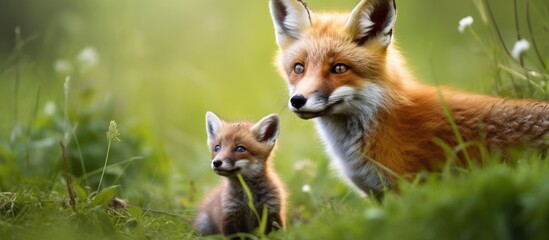 In the springtime wilderness a charming red fox scientifically known as vulpes vulpes has her adorable cub nestled comfortably beside her on the lush green grass The touching mammal offsprin