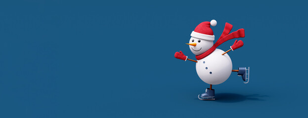Snowman with ice skates on blue background. Holidays cute concept with copy space 3d render 3d illustration - obrazy, fototapety, plakaty
