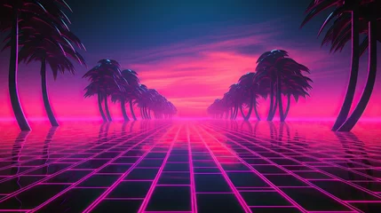 Poster Im Rahmen Retro synthwave futuristic neon landscape, vapor wave 80s volumetric background © Hanasta
