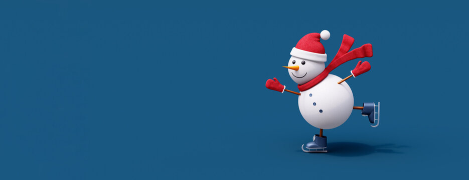 Snowman with ice skates on blue background. Holidays cute concept with copy space 3d render 3d illustration