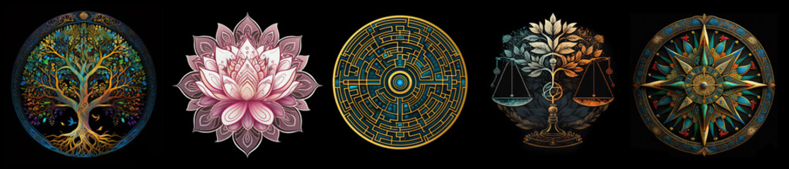 Set of 5 assorted inner-peace themed mandalas isolated on a black background. Colorful ornate mandala designs include tree of life, lotus flower, labyrinth maze, balance scale, and compass.