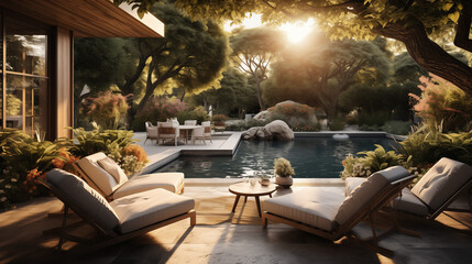 modern garden at morning with chairs and couches by the pool created with Generative AI	