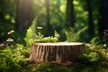 Empty table top made from an old tree stump with green forest background for product display - obrazy, fototapety, plakaty