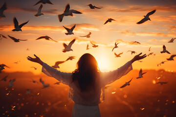 Woman praying and free bird enjoying nature on sunset background, hope concept - obrazy, fototapety, plakaty