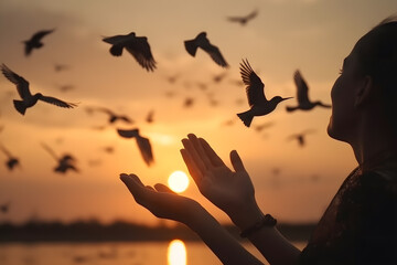 Woman praying and free bird enjoying nature on sunset background, hope concept - obrazy, fototapety, plakaty
