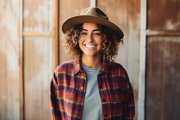 Portrait of smiling hipster woman with hat and plaid shirt - obrazy, fototapety, plakaty
