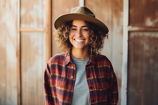 Portrait of smiling hipster woman with hat and plaid shirt