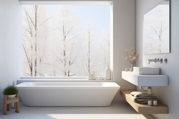 Luxurious bathroom interior with a bathtub and a beautiful view of the snowy landscape