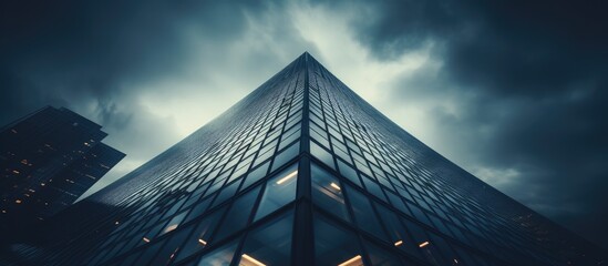 A shot of a cloudy sky reveals a partial view of a corporate skyscraper from the bottom - obrazy, fototapety, plakaty