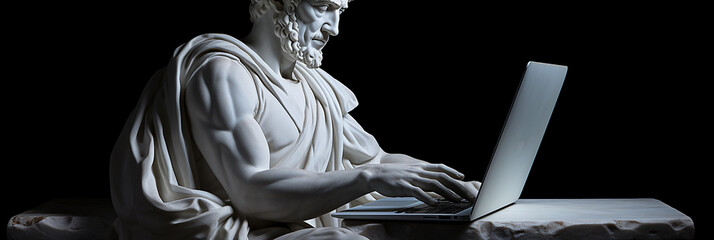 Naklejka premium Ancient sculpture working with laptop