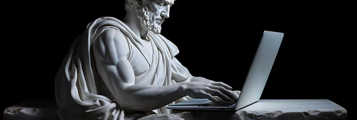 Poster Ancient sculpture working with laptop © Doraway