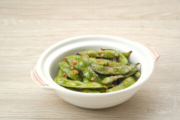 Stir Fry Edamame with garlic and chilli powder
