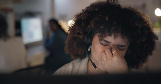 Headache, tired and stress of woman in call center with customer account problem, telecom error and working late. Frustrated CRM agent with anxiety, client challenge and bad sales service at night