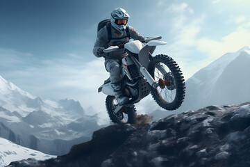 Motocross rider jumping performing spectacular on snow mountain