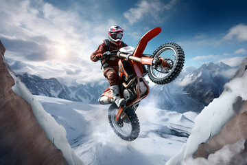 Motocross rider jumping in the air performing spectacular on snow mountain