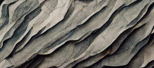Tuinposter Minimal grey cracked slate stone close up texture, weather erosion chipped shale rock sheets, wavy layered formation geology pattern.  © SoulMyst