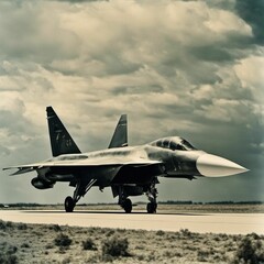 Fototapeta na wymiar AI generated illustration of a sleek fighter jet resting on the tarmac of a desert airstrip