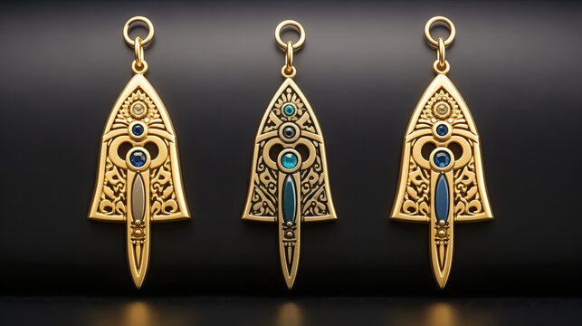 golden Fatma hand-shaped earrings isolated on black 