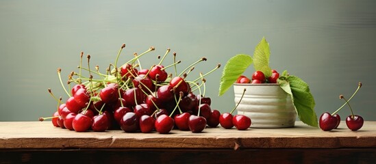 A rustic table showcasing a pleasant combination of two colors is abundantly filled with freshly picked cherries