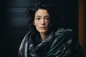 Portrait of a beautiful Asian woman wrapped in a warm blanket.