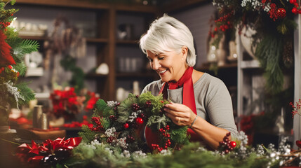 An older woman florist makes and decorates a Christmas wreath from fir branches with red berries and holly branches