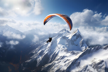 Paragliding flying on the mountains snowy landscape