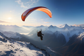 Paragliding flying on the mountains snowy landscape