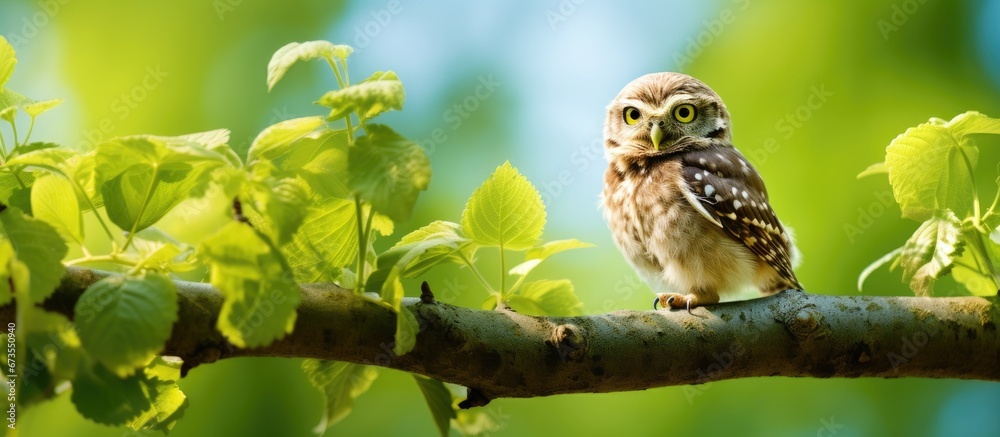 Sticker A Spotted Owlet can be seen perching on a tree branch with a lush green background in the park A Spotted Owlet sitting on a tree branch surrounded by green foliage can be found in the park