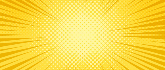 Yellow radial dotted comic background. Speed lines wallpaper with pop art halftone texture. Anime cartoon rays explosion backdrop for poster, banner, print, magazine, cover. Vector illustration