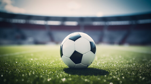 Soccer ball on empty football stadium, bokeh background, copy space for text